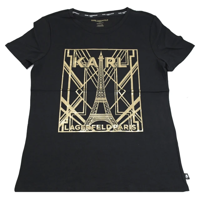 【KARL LAGERFELD 卡爾】品牌英文燙金鐵塔圖案棉質個性短T恤(黑)