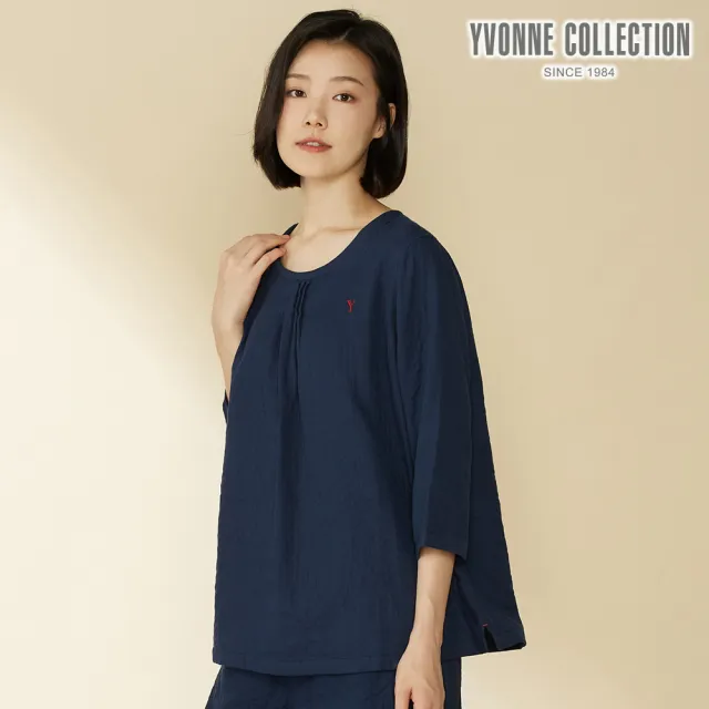 【YVONNE 以旺傢飾】雙層紗胸前壓褶七分袖上衣(丈青)