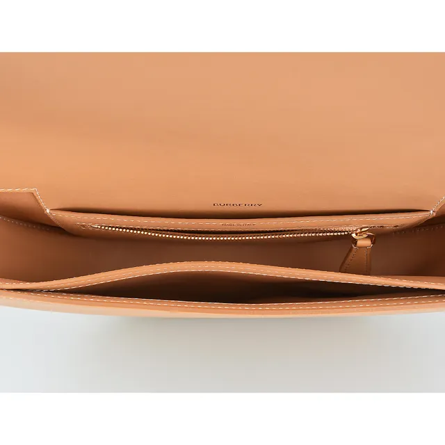 【BURBERRY 巴寶莉】BURBERRY Olympia燙金LOGO小牛皮磁吸式翻蓋肩背斜背包(中/淺棕)