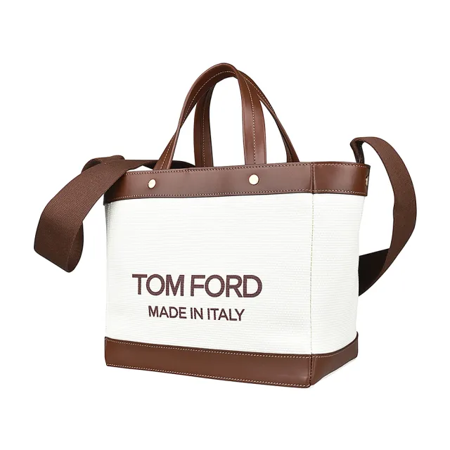 【TOM FORD】雙11 TOM FORD棕字LOGO帆布磁扣式手提斜背包(迷你/米白x棕)