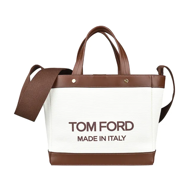 【TOM FORD】TOM FORD棕字LOGO帆布磁扣式手提斜背包(迷你/米白x棕)