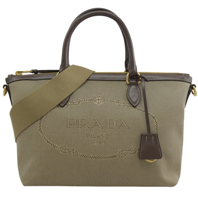 PRADA 普拉達 新版復古經典大LOGO緹花布吊飾手提斜背兩用包(駝)