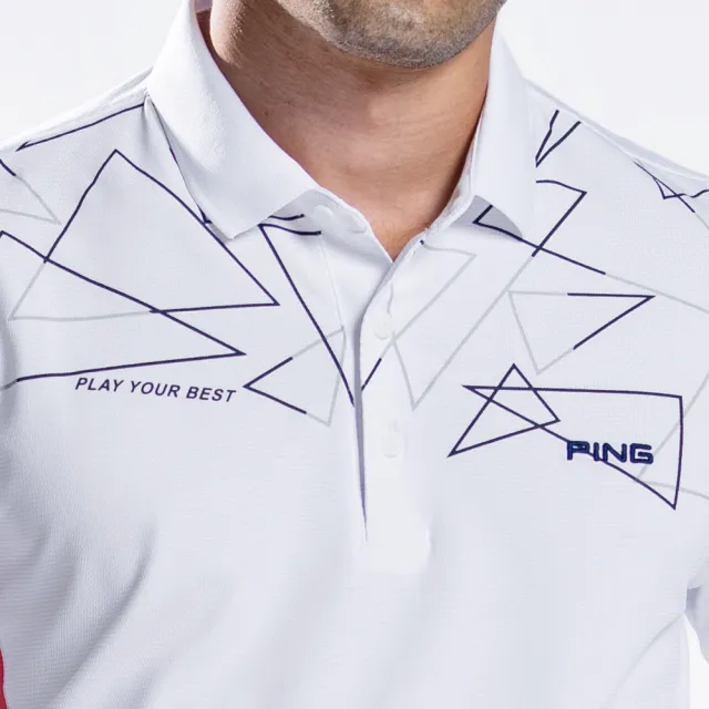【PING】男款科技線條印花薄長袖POLO衫-白(吸濕排汗/GOLF/高爾夫球衫/PA22204-87)