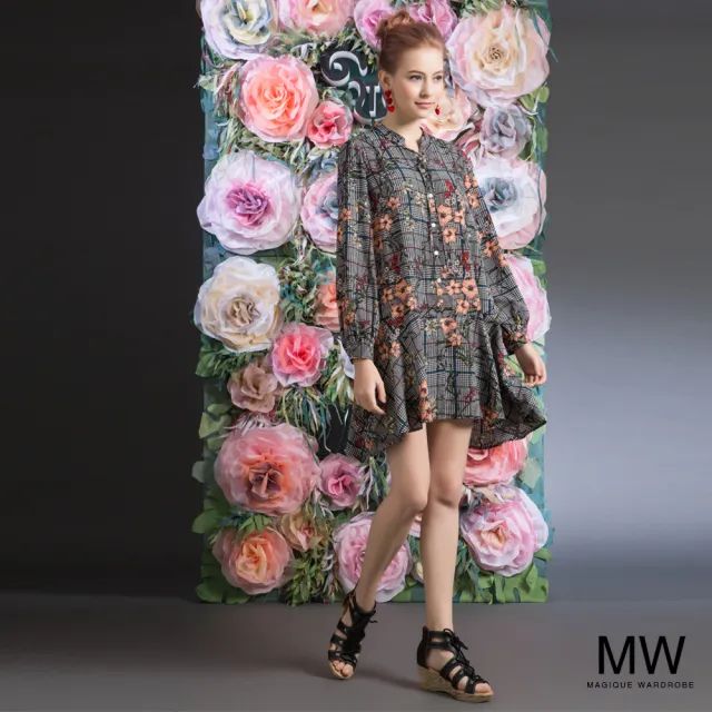 【MAGIQUE WARDROBE】千鳥格紋前短後長印花洋裝(千鳥格紋)
