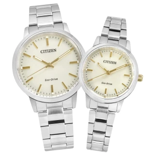 【CITIZEN 星辰】光動能 簡約時尚 不鏽鋼手錶 情人對錶 米白色 38mm+27mm(BJ6541-58P.EM0930-58P)