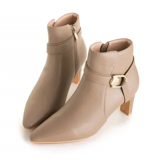 【amai】氣質金屬扣粗跟短靴 中跟短靴 襪靴 踝靴 短筒靴 百搭 氣質 韓版 英倫風 大尺碼 GB893MB(奶茶色)