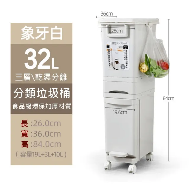 【古德斯】夾縫三層分類垃圾桶-32L(收納架/儲物架/垃圾桶/縫隙架/可移動/廚房/冰箱/分類)