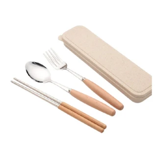 【PS Mall】湯匙 筷子 叉子 餐具組 原木 不鏽鋼 三件套 日式木柄 環保餐具 2組(J164)