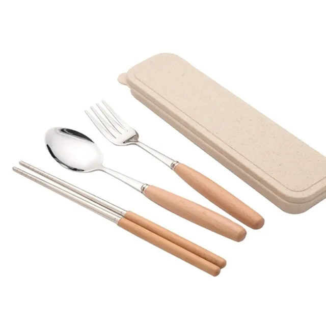 【PS Mall】湯匙 筷子 叉子 餐具組 原木 不鏽鋼 三件套 日式木柄 環保餐具 3組(J164)