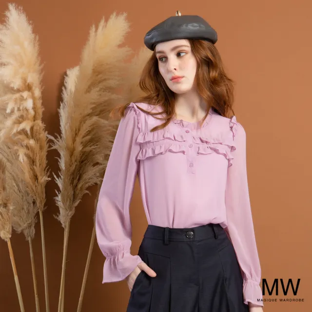 【MAGIQUE WARDROBE】荷葉印花雪紡長袖上衣(2色)