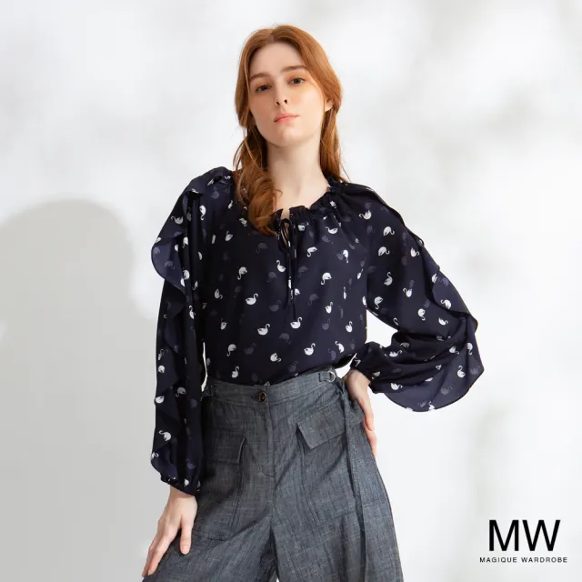 【MAGIQUE WARDROBE】荷葉袖雪紡印花長袖上衣(2色)