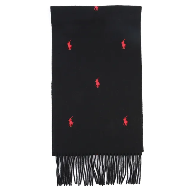 【RALPH LAUREN】POLO經典刺繡小馬滿版羊毛流蘇圍巾(黑色/紅色)