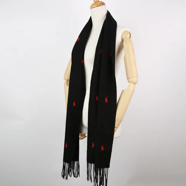 【RALPH LAUREN】POLO經典刺繡小馬滿版羊毛流蘇圍巾(黑色/紅色)