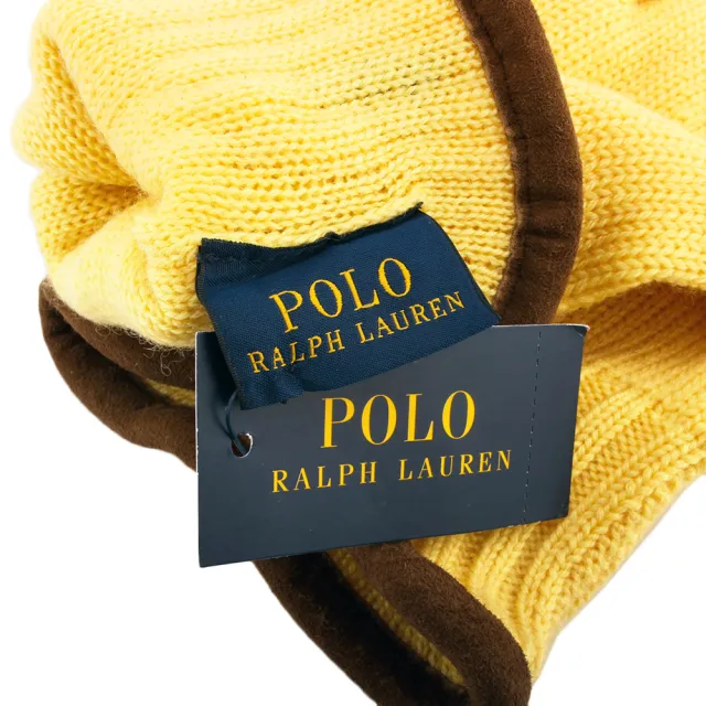 【RALPH LAUREN】POLO經典馬球刺繡LOGO麂皮飾邊羊毛手套(鵝黃色)