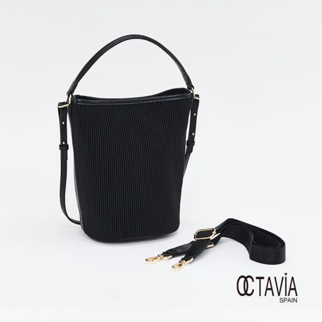 【OCTAVIA 8】水桶包百摺布配皮手提肩背斜背三用包(皺摺黑 水桶包 皺摺布)