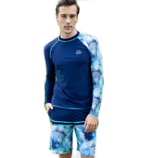【泳衣果】男泳衣二件式藍藍雙色浮潛水母長袖+五分褲游泳休閒