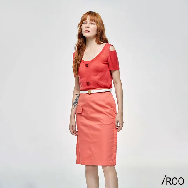 【iROO】假口袋及膝窄裙