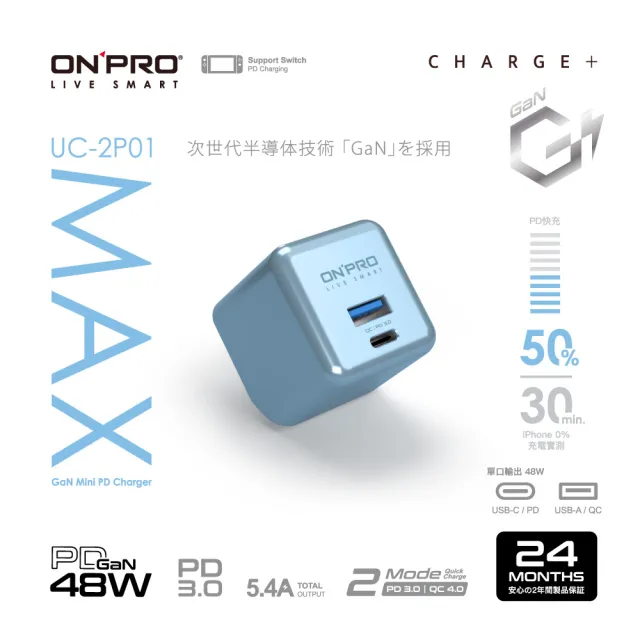 【ONPRO】UC-2P01 GAN 48W 第四代氮化鎵超急速充電器(Max版)