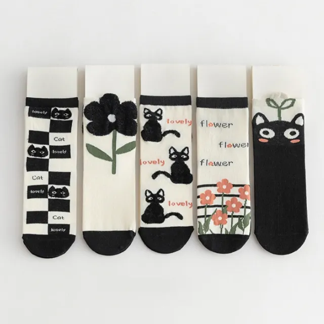 【橘魔法】（5雙一組）黑白貓咪直板中筒襪 (短襪 襪子 兒童 女童 兒童 童裝)