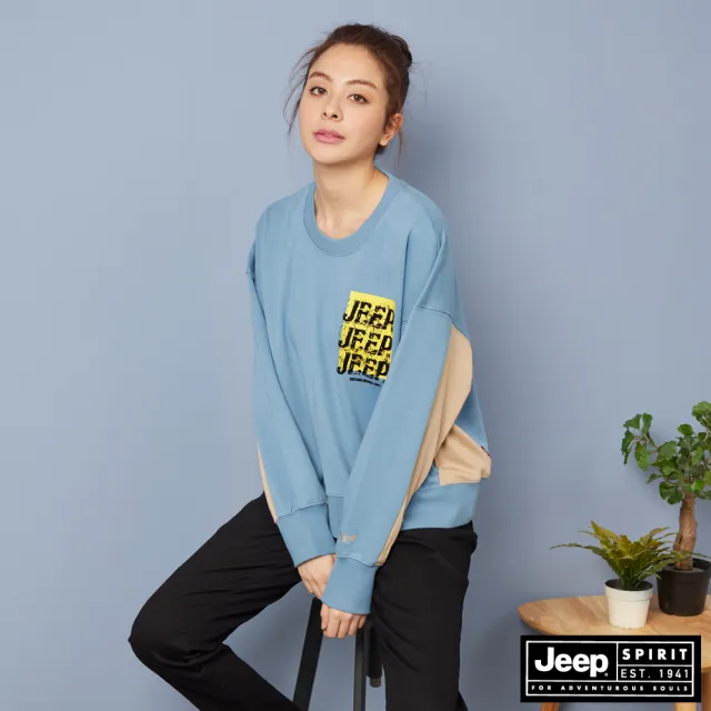 【JEEP】女裝 潮流設計寬版長袖大學T(藍色)