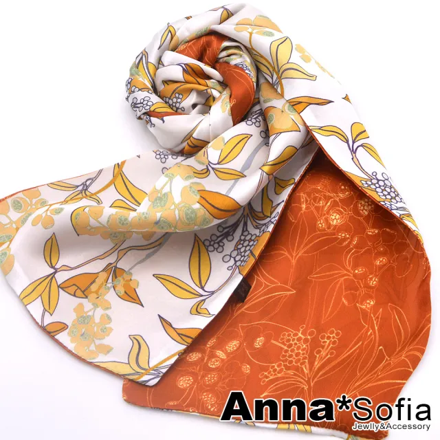 【AnnaSofia】仿絲領巾絲巾圍巾-茉莉沁馨緞面 現貨(黃磚橘系)