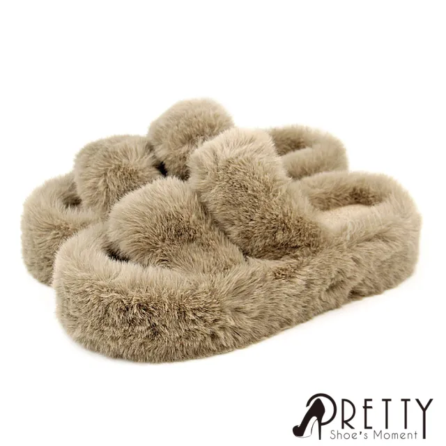 【Pretty】慵懶貴婦風保暖絨毛厚底室內拖鞋/居家拖鞋/保暖拖鞋/毛毛拖鞋(粉紅、卡其、藍色、黑色)