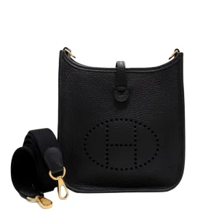 【Hermes 愛馬仕】mini Evelyne 16cm TPM 斜背包(黑色 Noir x 金釦 x 背帶黑色 Noir 89)