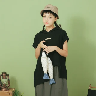 【MOSS CLUB】弧形不對稱下襬帽-女短袖上衣 連帽 黑 綠 咖(三色/版型適中)