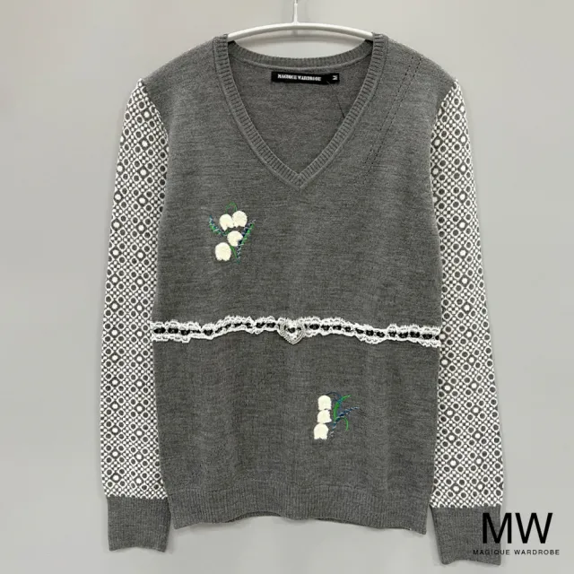 【MAGIQUE WARDROBE】V領羊毛細針織圖騰蕾絲長袖上衣