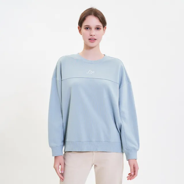 【Lee】女裝 長袖厚T / 胸前剪接 小LOGO 灰湖綠 季節性版型(LL220442745)