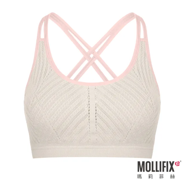 【Mollifix 瑪莉菲絲】A++活力自在後交叉舒適BRA、瑜珈服、無鋼圈、運動內衣(燕麥+粉)