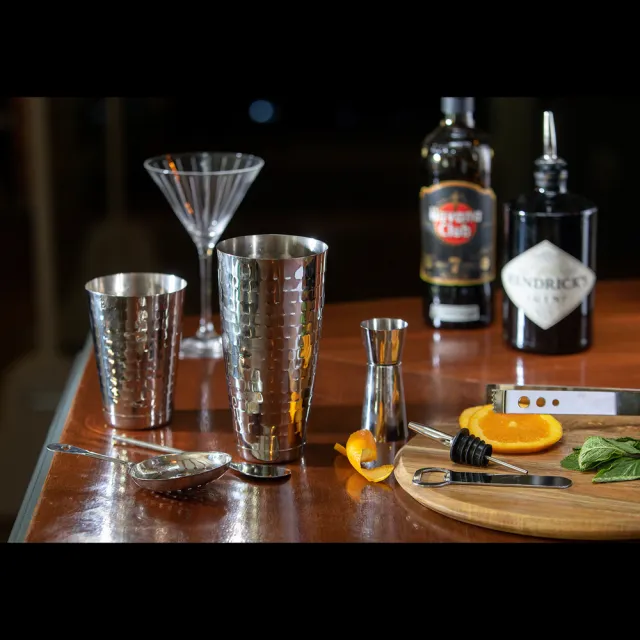 【BarCraft】英國 錘紋波士頓雪克杯+調酒工具組 銀 / 搖酒器 注酒器 開瓶器 隔冰匙
