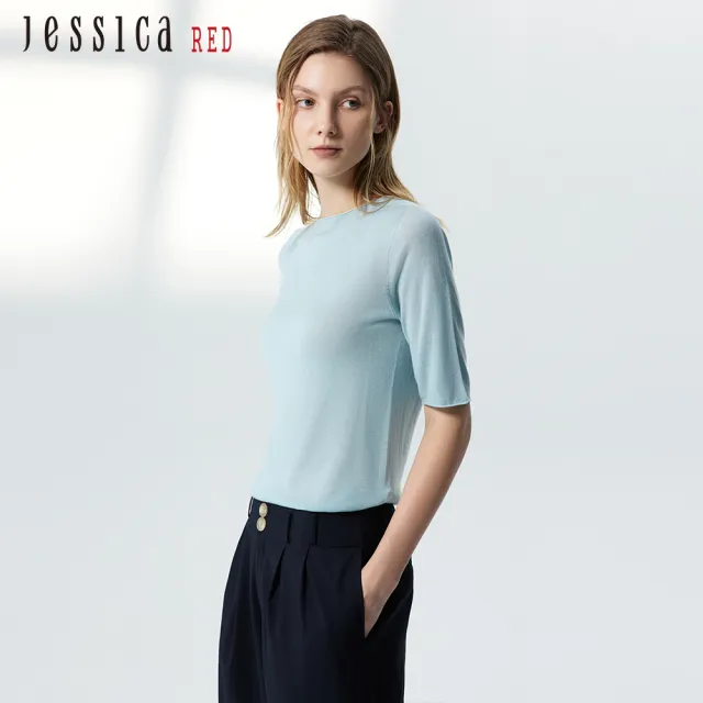 【Jessica Red】氣質百搭舒適圓領短袖針織衫82415C（藍）