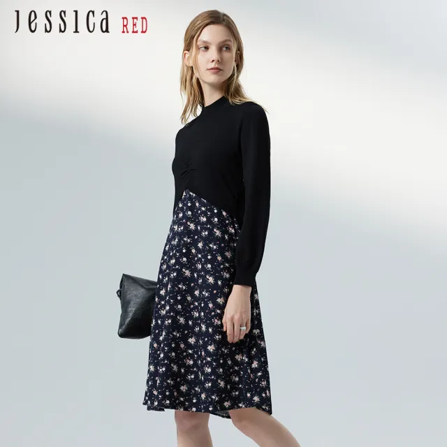 【Jessica Red】復古風抽褶針織拼接印花雪紡長袖洋裝824177