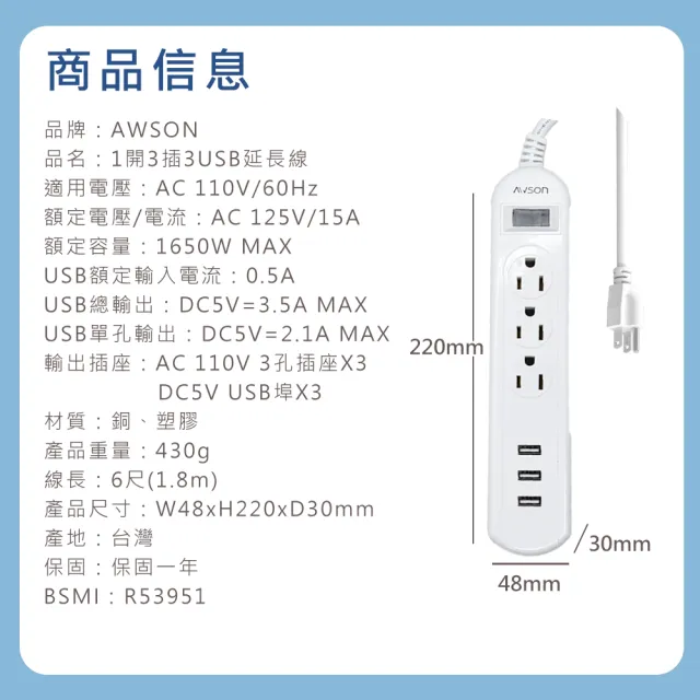 【AWSON 歐森】1開3插3USB電源延長線(插座 USB延長線 延長線插座 電源插座)