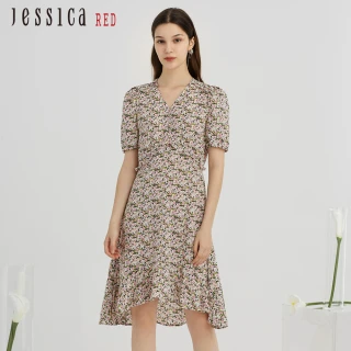 【Jessica Red】氣質甜美小碎花修身V領短袖雪紡洋裝823172（粉）