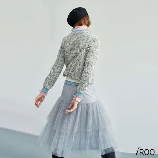 【iROO】壓摺亮條網紗裙
