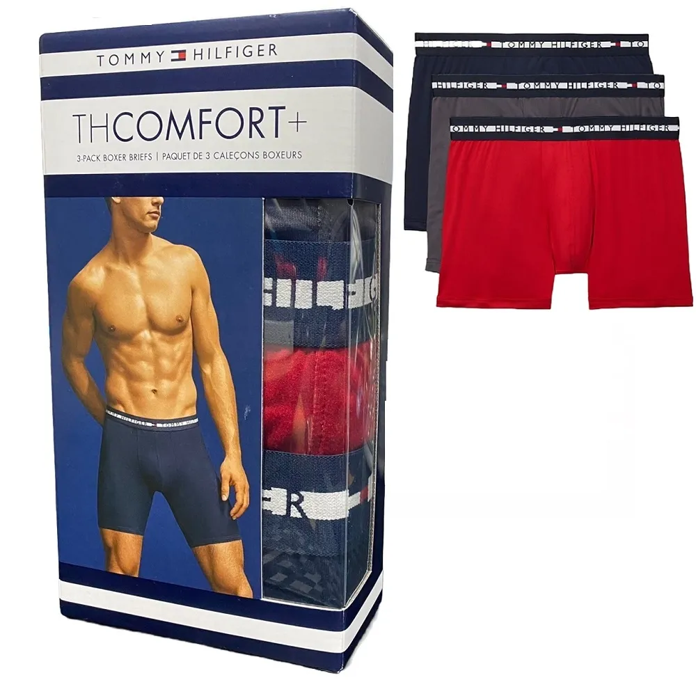 【Tommy Hilfiger】男士內褲 THComfort+舒適 3 件組盒裝 平口四角內褲 長版貼身版型(紅色+木炭色+海軍藍)