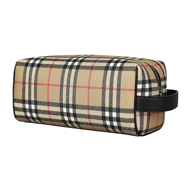 【BURBERRY 巴寶莉】BURBERRY Vintage經典格紋設計環保帆布拉鍊手拿旅行收納包(典藏米)