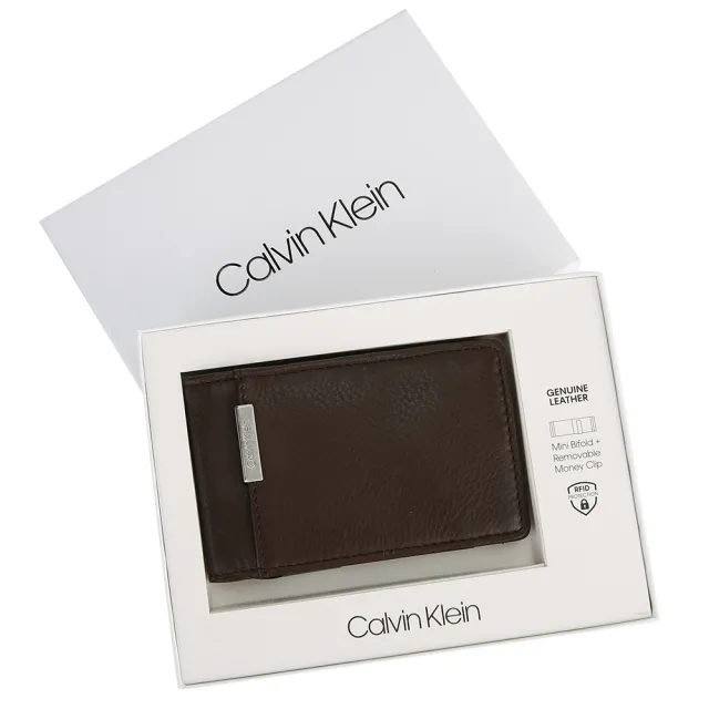 【Calvin Klein 凱文克萊】鐵牌 LOGO窄版票卡短夾(咖啡色)