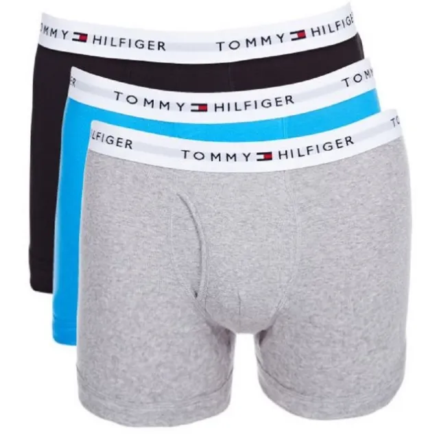 【Tommy Hilfiger】男士內褲 前開設計 3件組 純棉 平口四角內褲 長版貼身版型(寶藍+灰+黑 3件組)