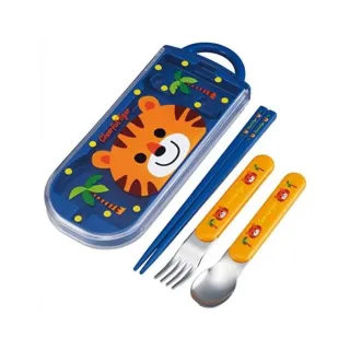 【小禮堂】Cheerful Tiger 滑蓋三件式餐具組 Ag+ - 藍大臉(平輸品)