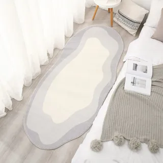 【House Deco 吾所飾室】不規則奶油風床邊地毯-煙月60*160cm(臥室輕奢奶油風房間床前地墊異形長條地毯毛絨)