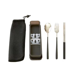 【邸家 DEJA】便攜餐具三件組- 黑銀(餐叉、餐勺、筷子+防塵袋)