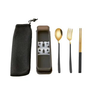 【邸家 DEJA】便攜餐具三件組- 黑金(餐叉、餐勺、筷子+防塵袋)