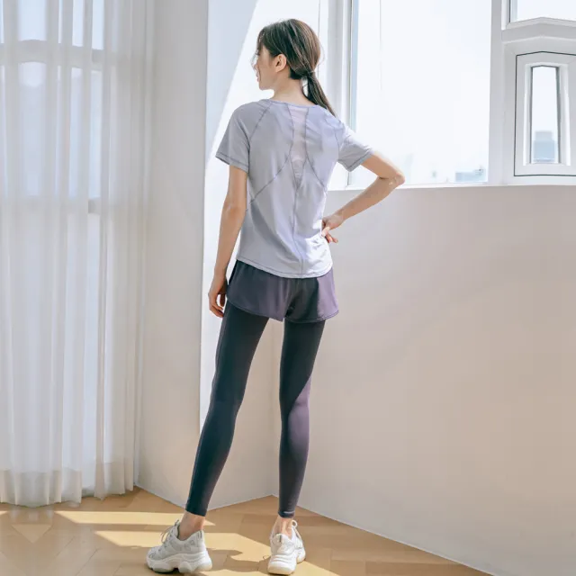 【BODYAIR】親膚S拼線上衣+假兩件柔韌九分褲套組(瑜珈.運動.慢跑.透氣.舞蹈.運動服.運動褲)