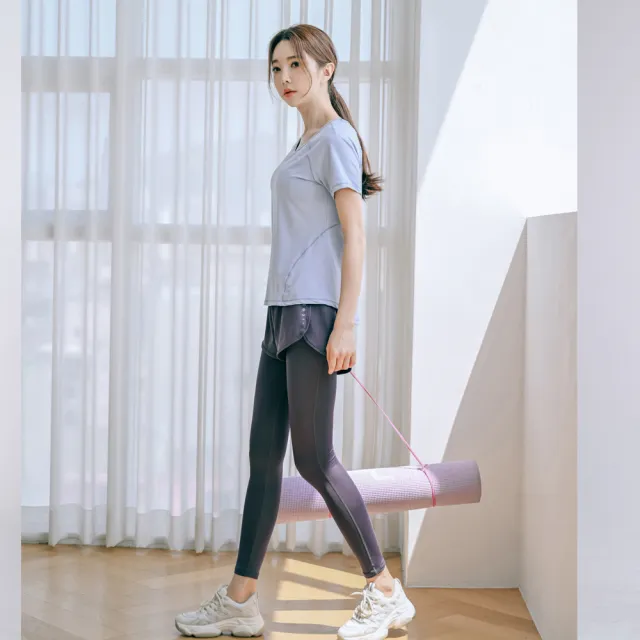 【BODYAIR】親膚S拼線上衣+假兩件柔韌九分褲套組(瑜珈.運動.慢跑.透氣.舞蹈.運動服.運動褲)