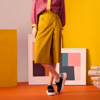 【KERAIA 克萊亞】溫暖落陽釦飾開叉棉料褲裙(黃橙色)