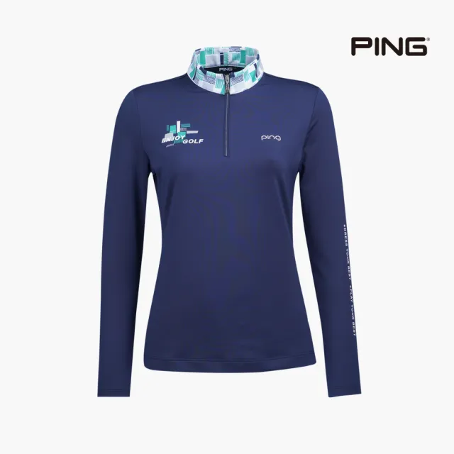 【PING】女款版印風立領薄長袖POLO衫-深藍(吸濕排汗/蓄熱保溫/GOLF/高爾夫球衫/RA21221-58)