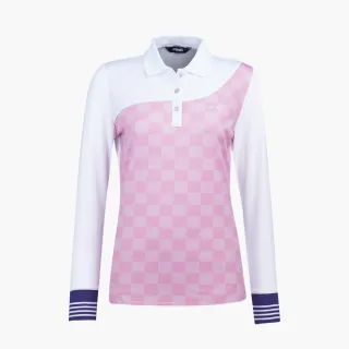 【PING】女款流線剪接格紋長袖POLO衫-粉紅(吸濕排汗/蓄熱保溫/GOLF/高爾夫球衫/RA21205-15)